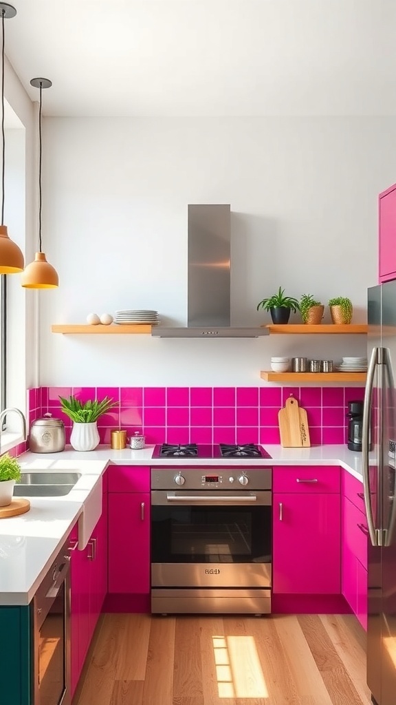 A modern kitchen featuring a bold pink backsplash, sleek stainless steel appliances, and warm wooden floors.