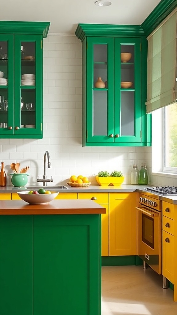 A kitchen featuring bold green and yellow cabinets, showcasing a vibrant and playful design.