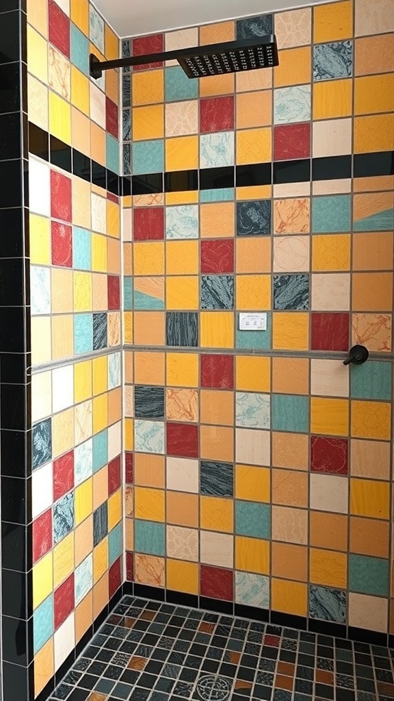 A colorful shower tile design featuring bold contrast grout.