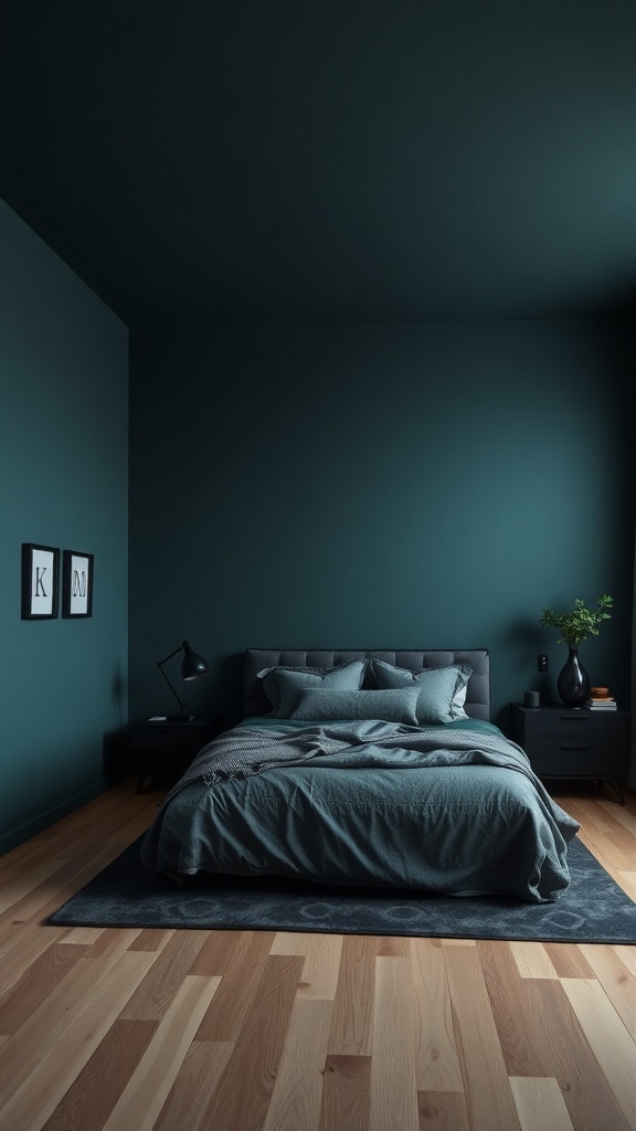 A moody bedroom featuring dark teal walls and black accents, showcasing a modern and sophisticated design.