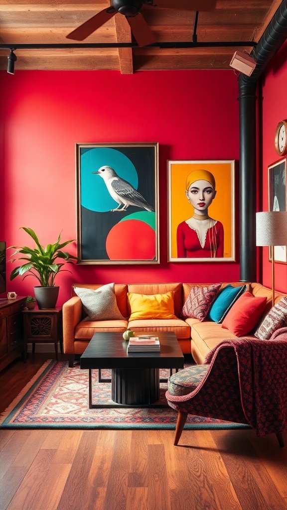 A vibrant studio apartment with red walls, colorful artwork, and a cozy seating area.