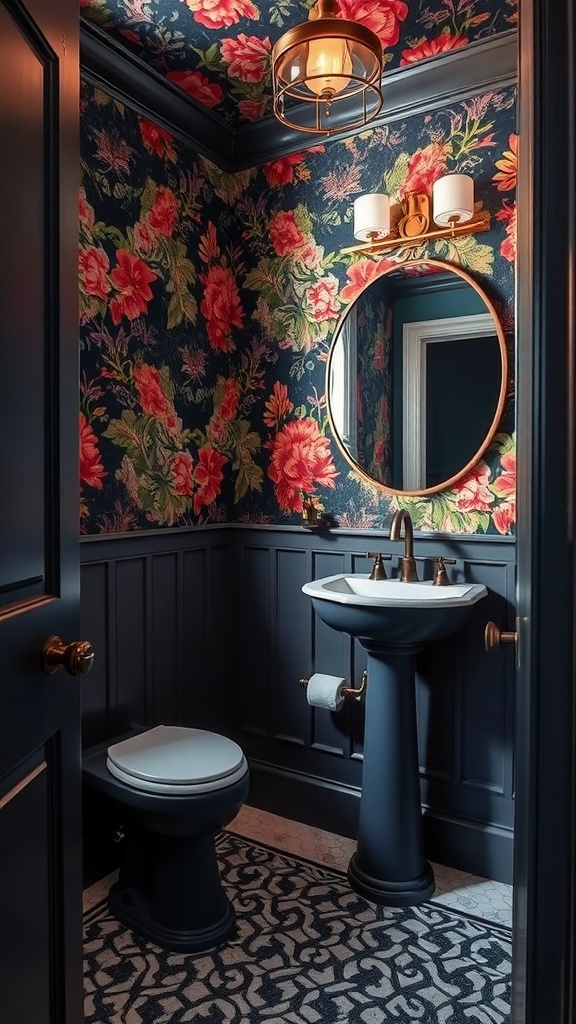 A luxurious powder room featuring bold floral wallpaper, dark paneling, and elegant lighting.