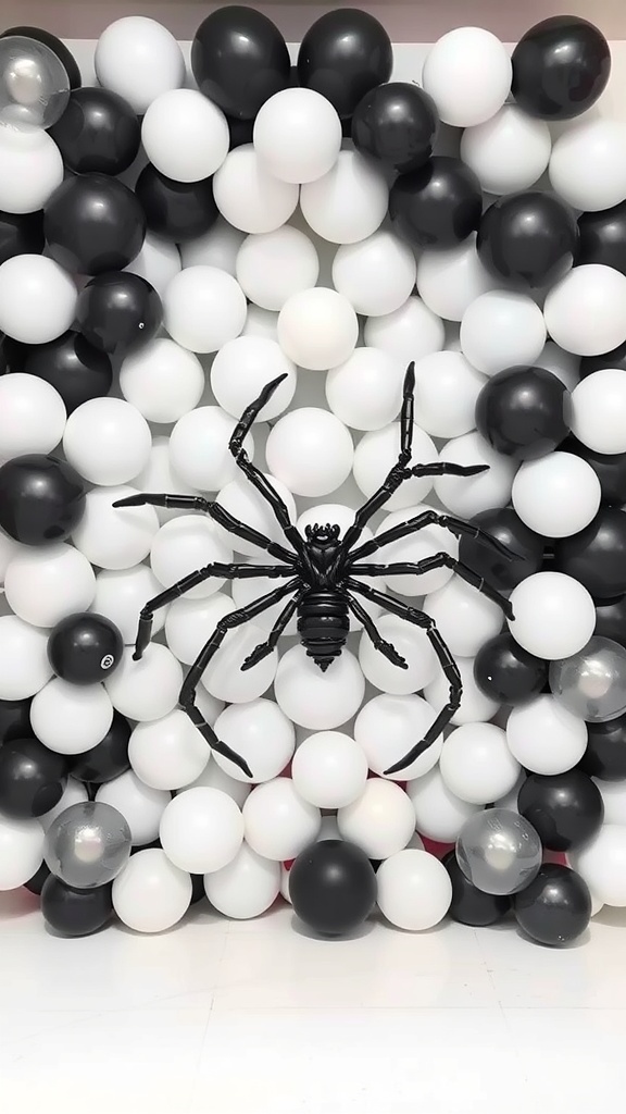 A bold DIY balloon wall with black and white balloons and a giant spider centerpiece.