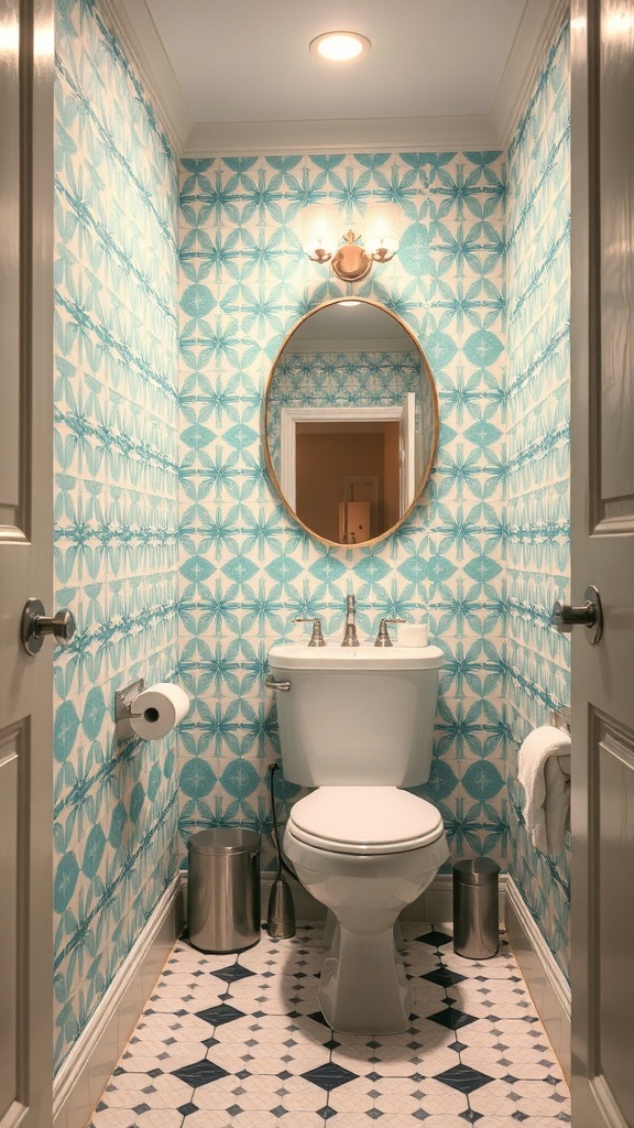 A small powder room featuring bold geometric wallpaper in blue and white, with a round mirror and simple fixtures.