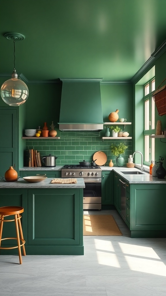A modern kitchen featuring bold green walls and mixed metallic accents, showcasing a stylish and fresh design.