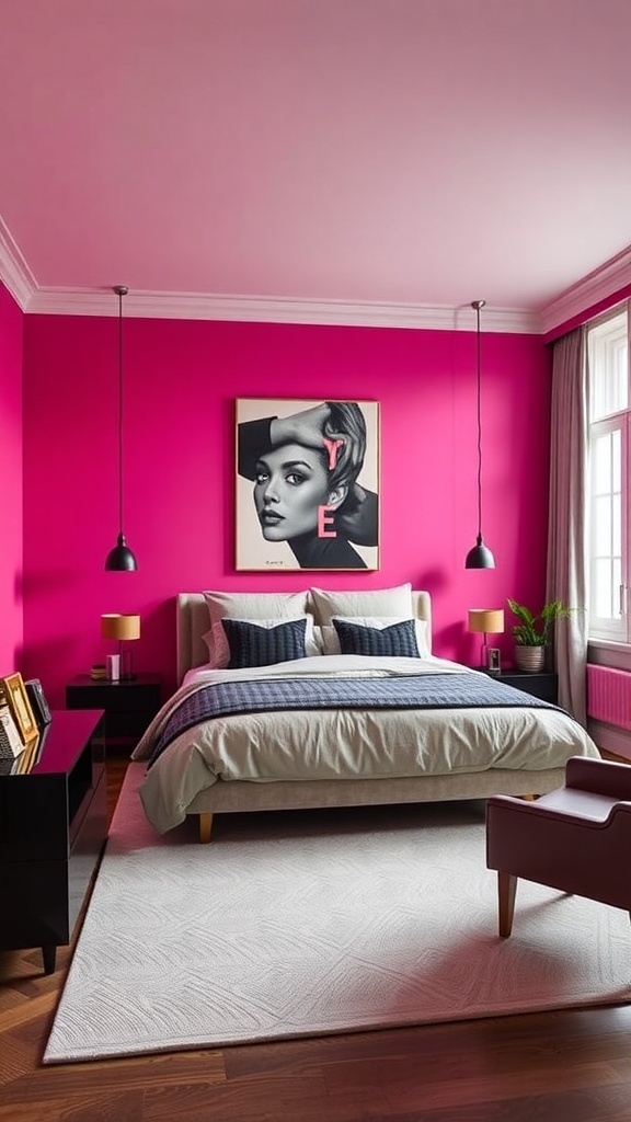 A vibrant hot pink bedroom featuring a stylish bed, artwork, and modern lighting.