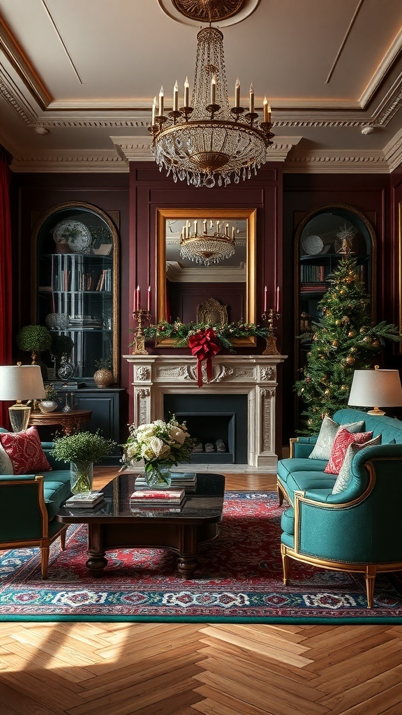 A beautifully decorated living room featuring jewel tone colors, including teal sofas and a festive Christmas tree.