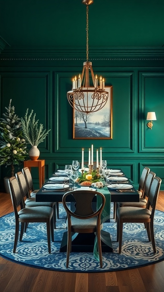 A beautifully set dining table in a room with deep green walls, featuring a chandelier and a decorated Christmas tree.