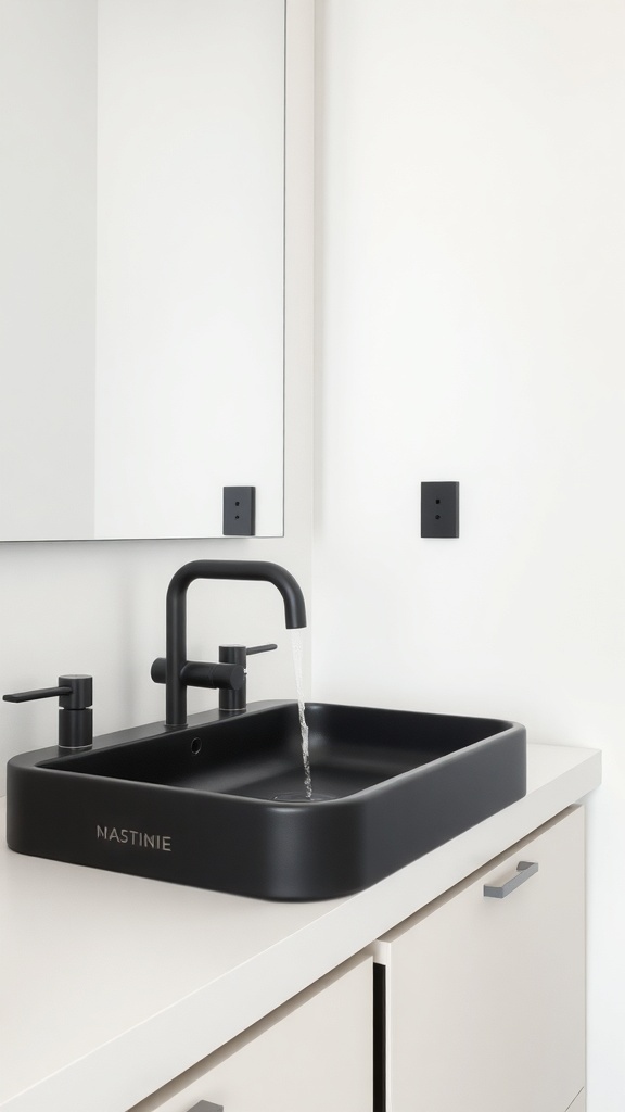 A modern bathroom sink with a matte black faucet and fixtures.