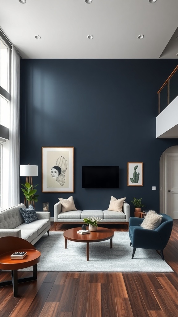 Living room featuring a bold navy accent wall with gray sofas, wooden furniture, and decorative art.