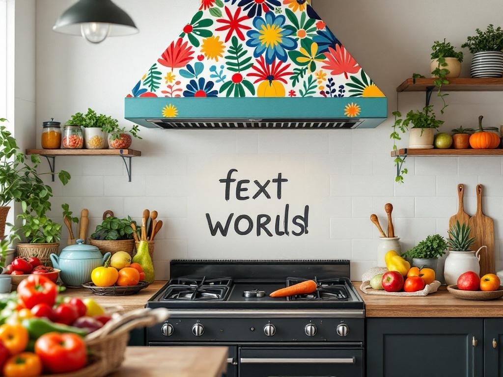 Colorful vent hood cover with floral patterns in a stylish kitchen.