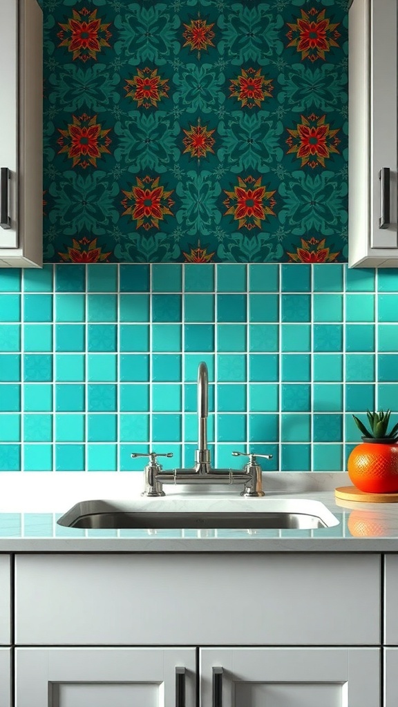A kitchen with a bold floral patterned backsplash, turquoise tiles, and soft matte blue cabinetry.