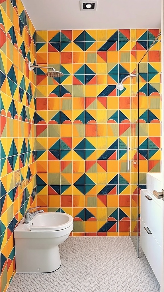 A bathroom with a vibrant accent wall featuring bold patterned tiles in yellow, green, and red geometric designs.