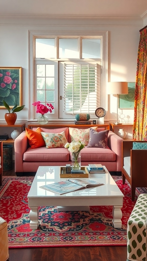A cozy living room featuring a white coffee table, colorful cushions, and a vibrant red rug.