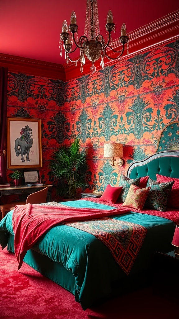 A vibrant bedroom decorated in bold red and green for Christmas, featuring intricate wallpaper, a plush green bedspread, and elegant decor.