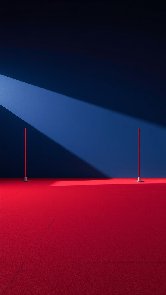 A bold red floor with navy walls and two vertical poles casting shadows.