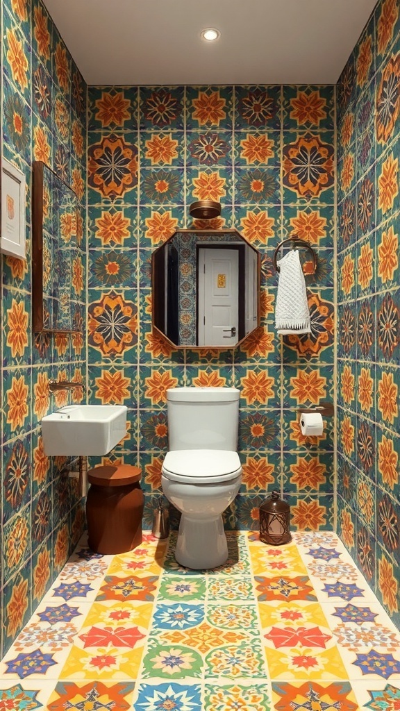 A bathroom featuring bold, colorful statement tiles with floral and geometric patterns on the walls and floor.