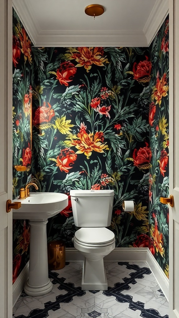 A powder room featuring bold floral wallpaper with a dark background, a white pedestal sink, and a white toilet.