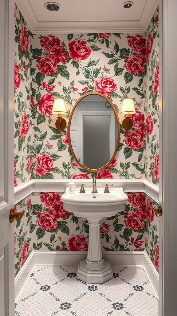 A powder room with bold floral wallpaper featuring large red roses, a pedestal sink, and elegant lighting.