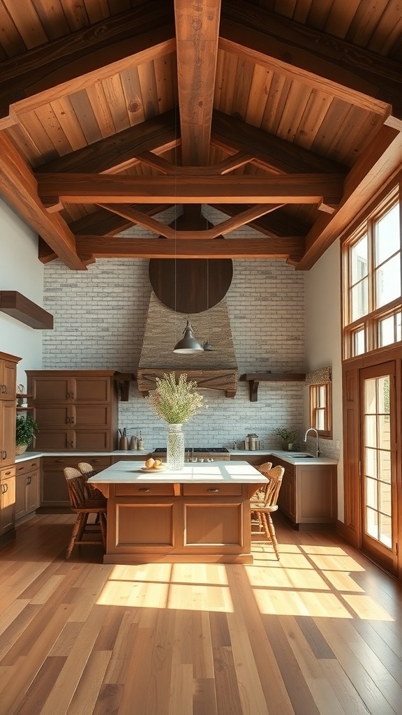 A kitchen featuring bold wooden beams and a spacious layout with natural materials.
