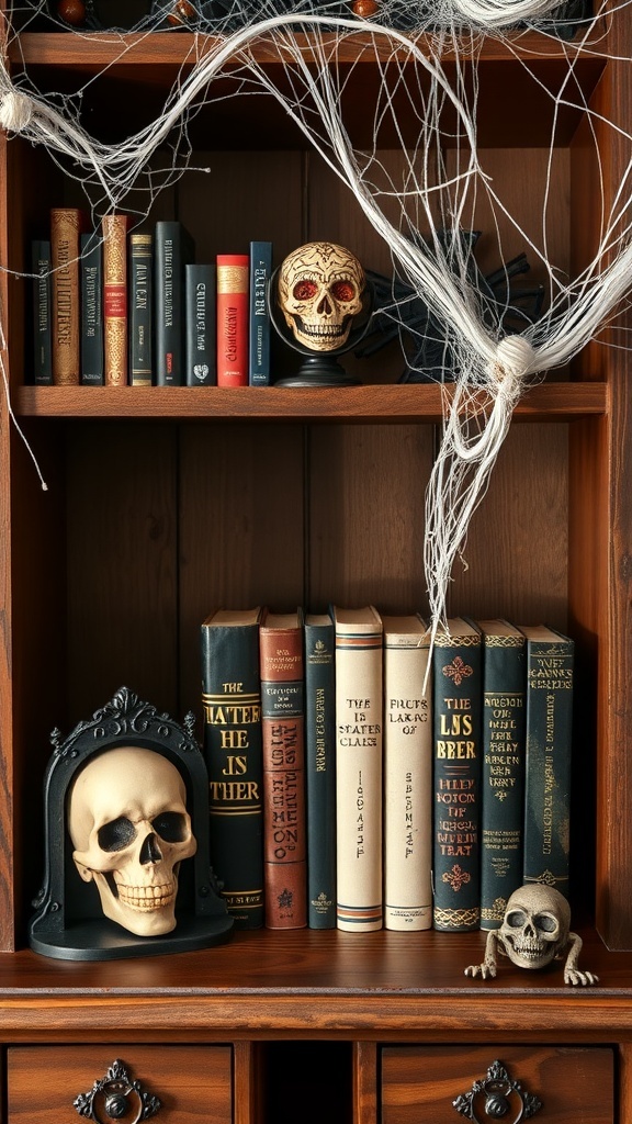 A spooky bookshelf decorated with skulls, cobwebs, and horror-themed books.