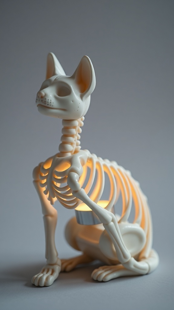 Bone-white resin skeleton cat tealight holder