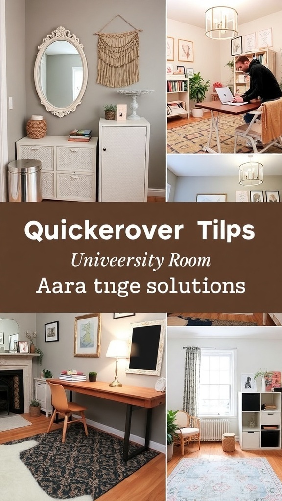 A collage of university room decor ideas, showcasing mirrors, rugs, and plants for a cozy atmosphere.