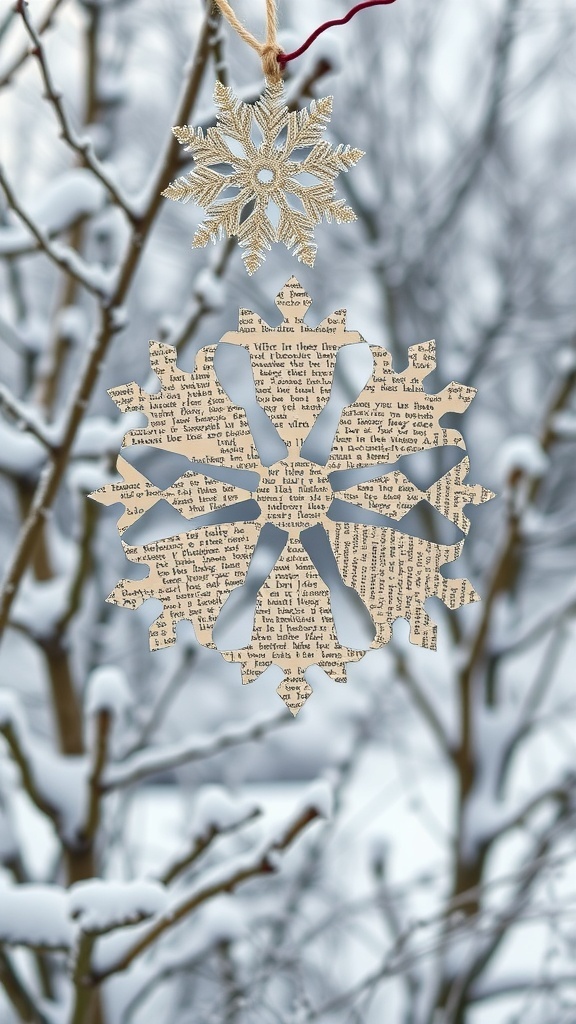Two snowflakes made from book pages hanging on a snowy tree branch.