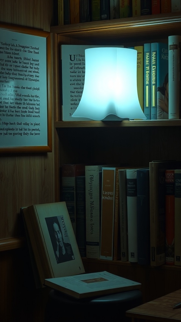 A ghost reading book lamp on a bookshelf surrounded by various books.