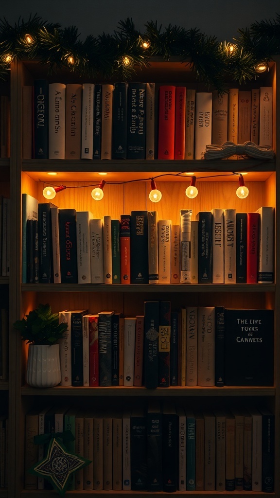 A bookshelf decorated with fairy lights and greenery, showcasing books and a small plant.