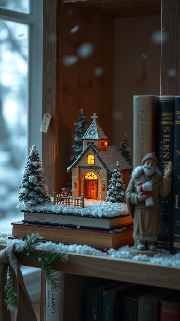 A cozy snowy church scene on a bookshelf, surrounded by books and a figurine.