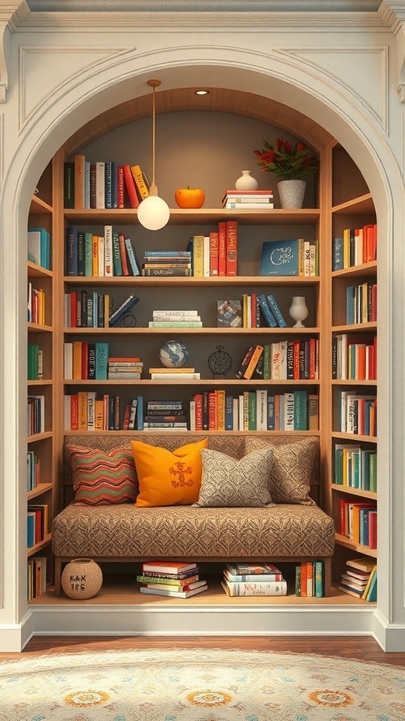 A cozy reading nook with bookshelves, a comfortable couch, and decorative elements.