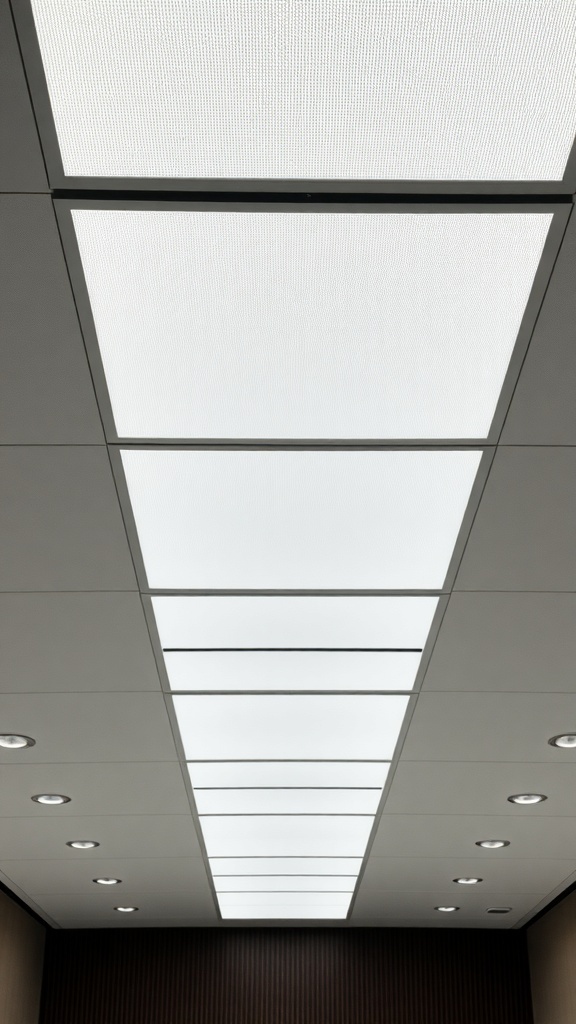 A ceiling featuring borderless ultra-thin LED panels arranged in a linear pattern.