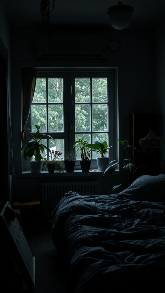 A dark academia bedroom featuring a window with various plants on the sill, a cozy bed, and soft lighting.