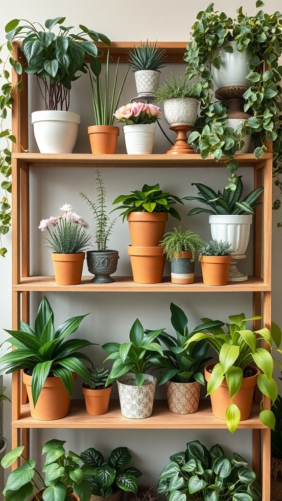A shelf filled with various potted plants, showcasing a mix of greenery and decorative pots.