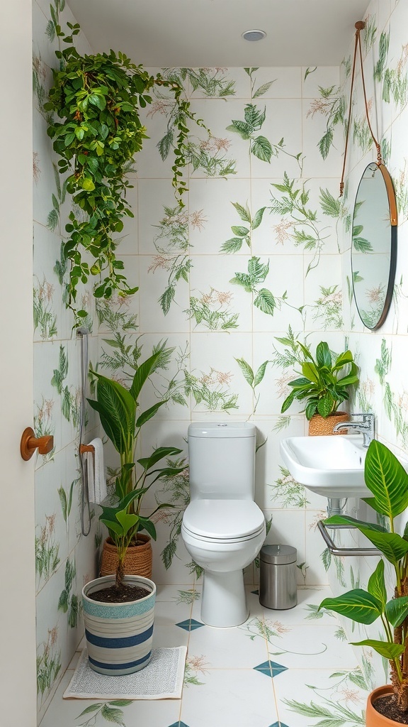 A bathroom with botanical prints on the walls, featuring plants and a circular mirror.