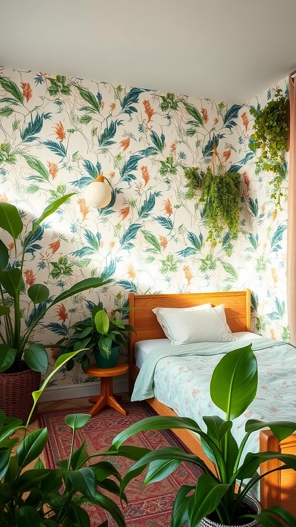 A cozy bedroom with botanical wallpaper, featuring plants and a wooden bed.