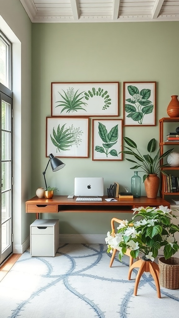 A home office featuring framed botanical prints on a green wall, a wooden desk, and a plant.