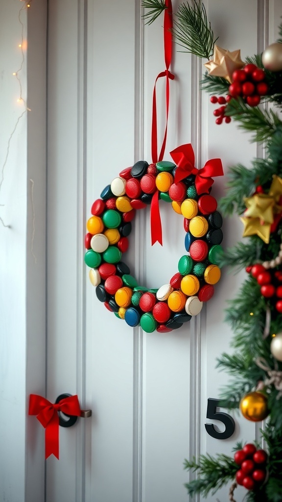 A colorful bottle cap wreath with a red ribbon hanging on a door.