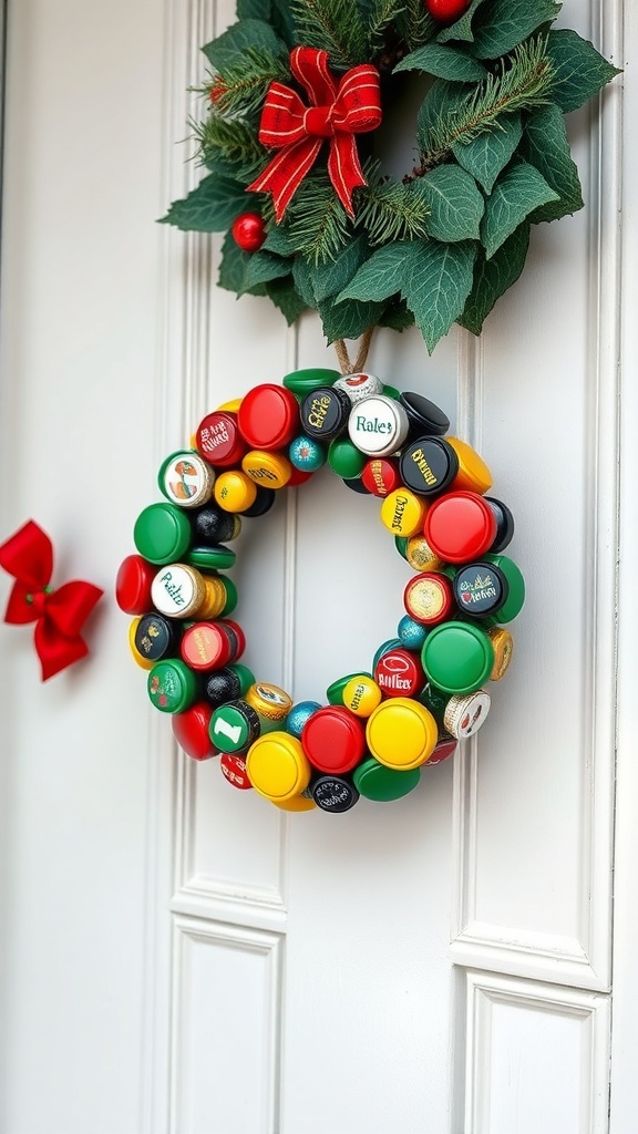 A colorful bottle cap wreath with a red bow, hanging on a door.