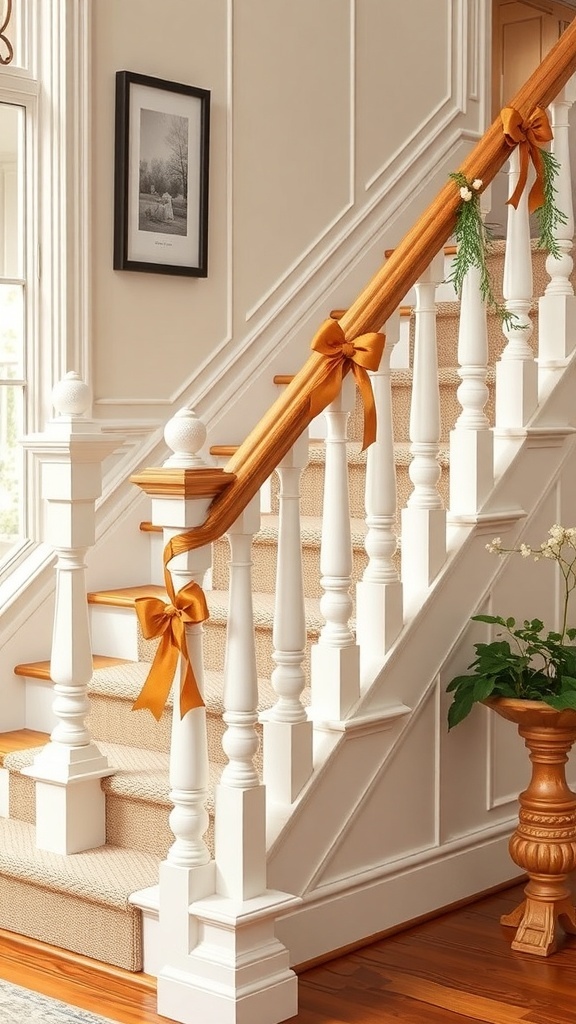 A staircase with orange bows tied to the banister posts, decorated for Christmas.