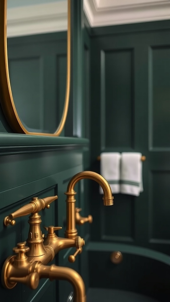 Brass fixtures in a dark green bathroom with a mirror and towels.