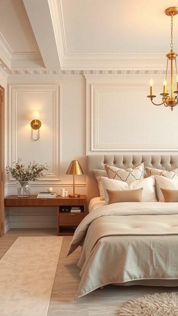 A beautifully designed bedroom featuring brass lighting fixtures, beige textiles, and white walls.