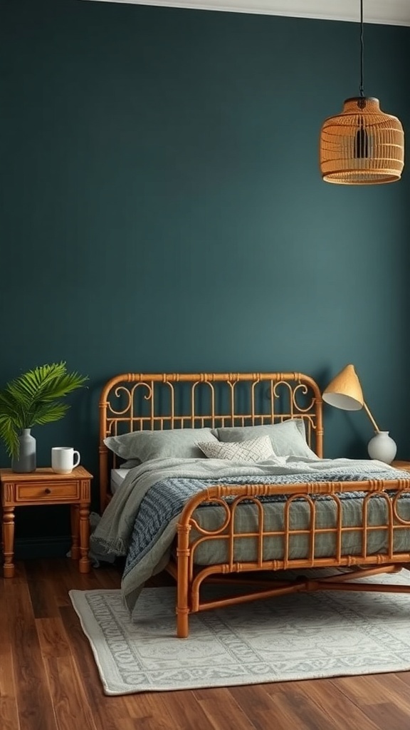A cozy bedroom featuring dark teal walls, a rattan bed frame, and warm wooden accents.