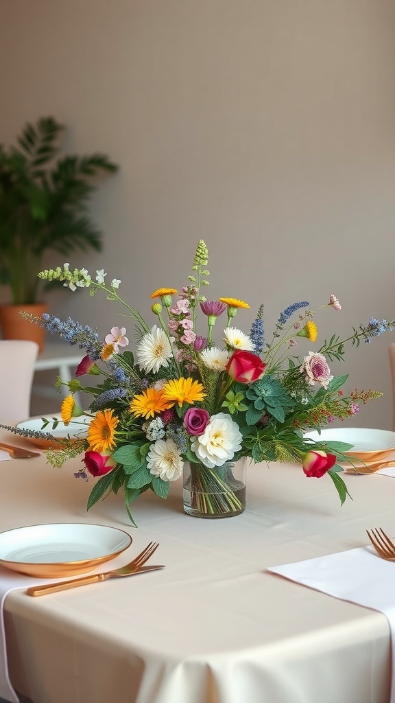 A vibrant floral centerpiece featuring wildflowers, daisies, and roses in a glass vase on a dining table.