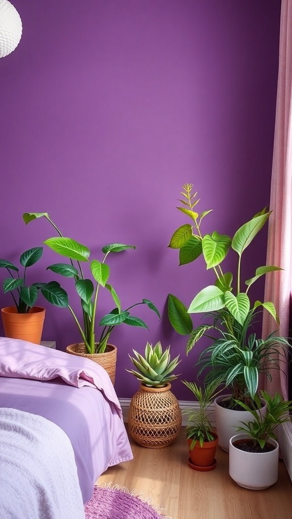 A cozy mauve bedroom featuring various indoor plants in pots, creating a lively and inviting atmosphere.