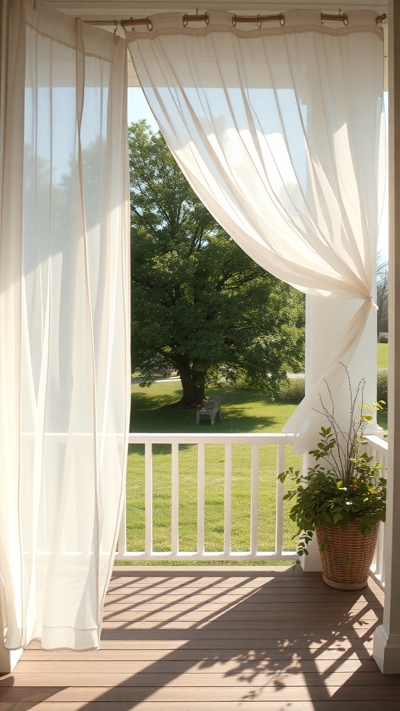 A front porch with sheer curtains blowing in the breeze, framed by a green landscape and potted plants.