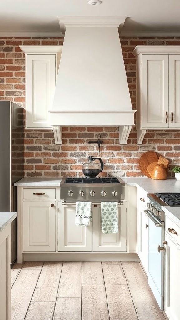 A kitchen with a brick backsplash and white cabinets, featuring a stove and wooden accents.