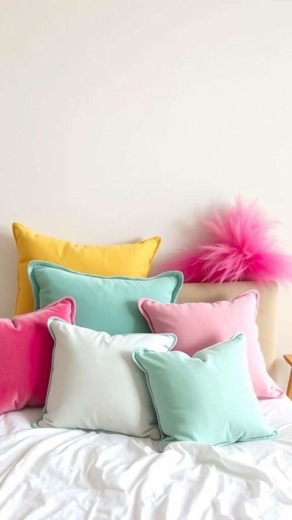 A collection of colorful accent pillows on a bed, featuring yellow, pink, and mint green shades.