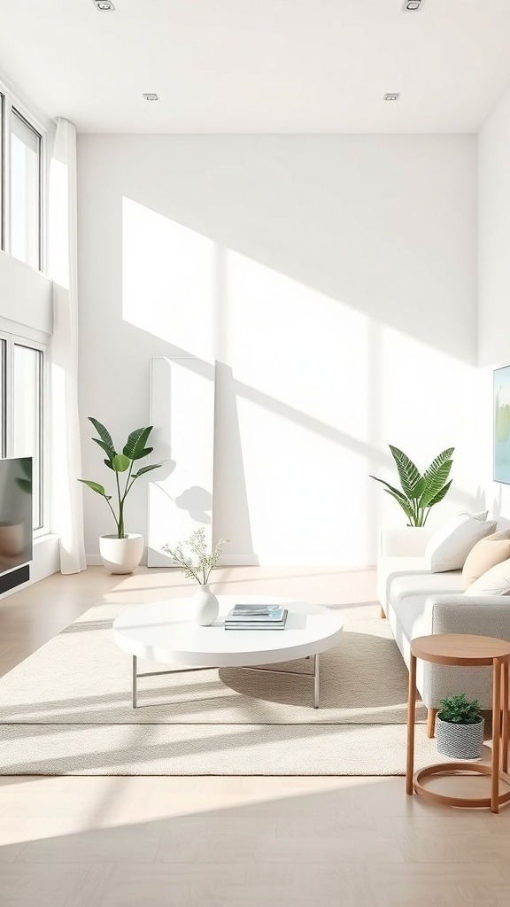 Bright and airy living room with a white coffee table, plants, and natural light.
